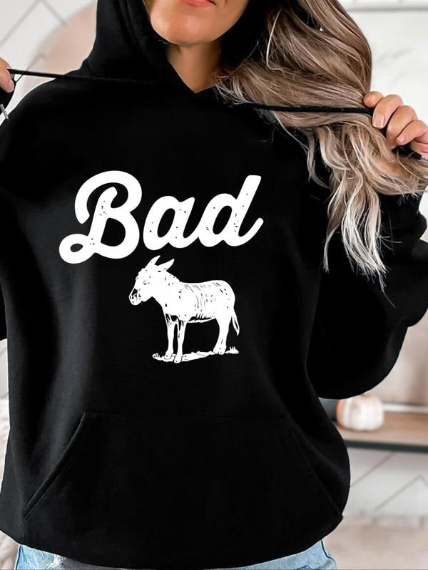 Women's Letter & Animal Print Drop Shoulder Long Sleeve Hoodie, Fashion Casual Drawstring Pocket Hooded Sweatshirt for...