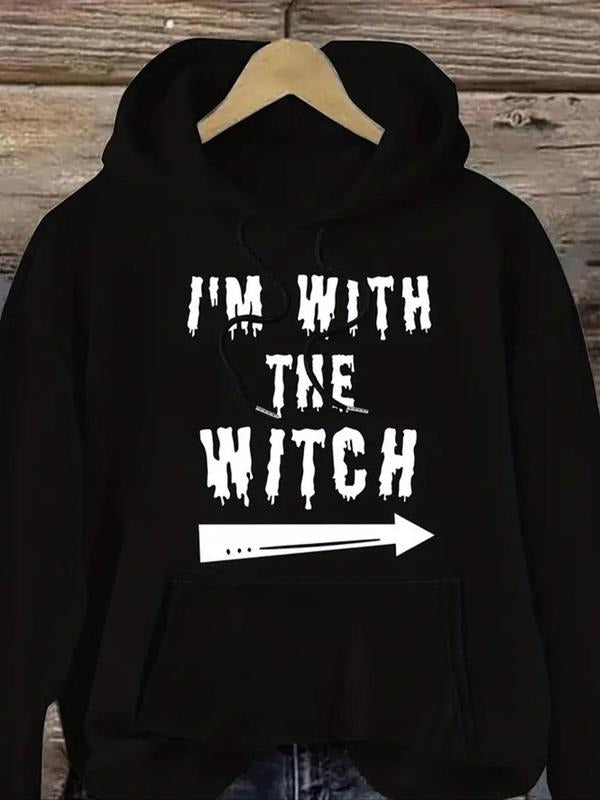 Women's Letter & Arrow Print Drop Shoulder Thermal Lined Hoodie, Fashion Casual Drawstring Pocket Hooded Sweatshirt for...