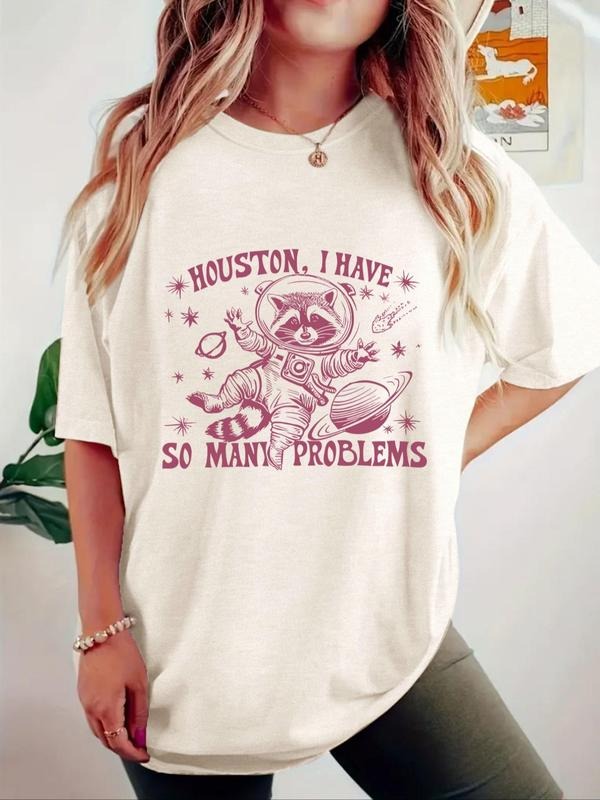 Women's Letter & Astronaut Print Round Neck Tee, Casual Short Sleeve Crew Neck T-Shirt for Summer, Fashion Women's Top...