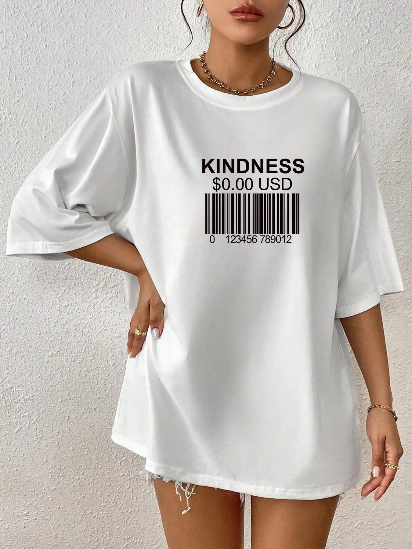 Women's Letter & Bar Code Print Round Neck Tee, Vintage Trendy Casual Drop Shoulder Half Sleeve T-shirt for Daily Wear,...