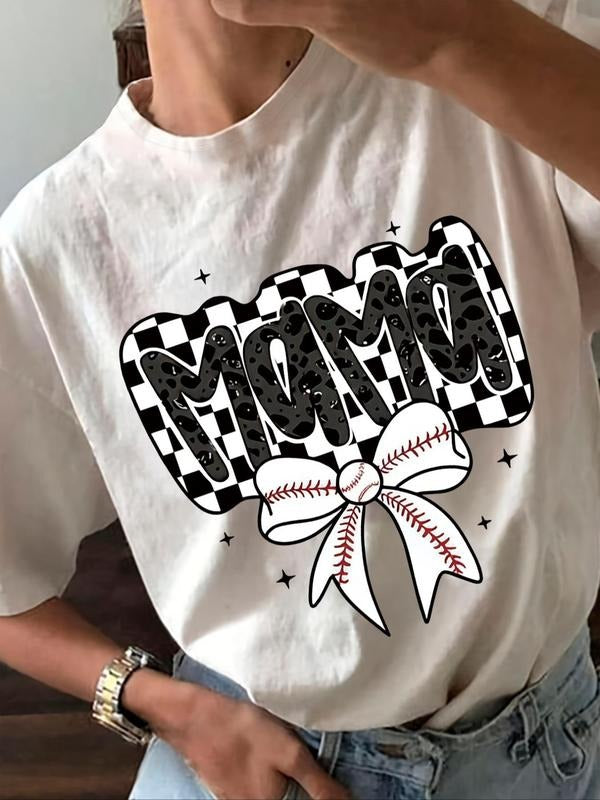 Women's Letter & Baseball Print Round Neck Tee, Casual Soft Comfortable Short Sleeve T-shirt for Summer, Women's Top for...