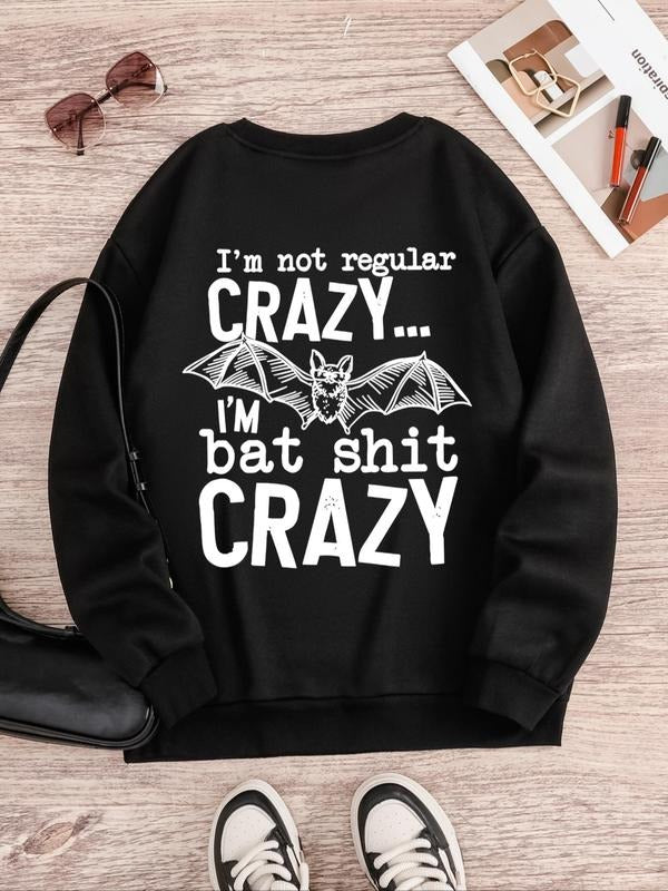 Women's Letter & Bat Print Round Neck Sweatshirt, Casual Long Sleeve Crew Neck Pullover for Spring & Fall, Fashion...