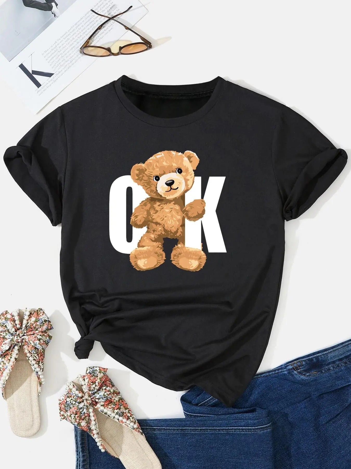 Women's Letter & Bear Print Round Neck Tee, Fashion Casual Crew Neck Short Sleeve T-shirt for Daily Holiday Vacation...