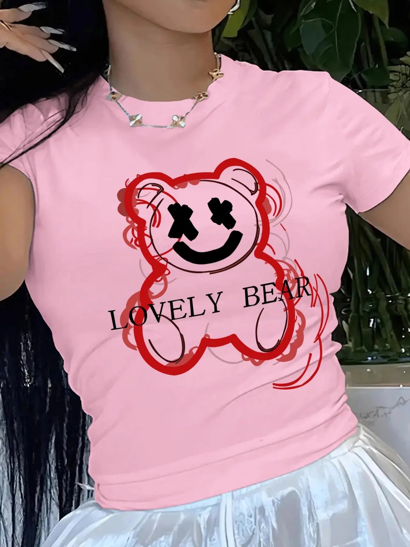 Women's Letter & Bear Print Round Neck Tee, Fashion Casual Crew Neck T-shirt for Daily Holiday Vacation Outdoor Wear,...