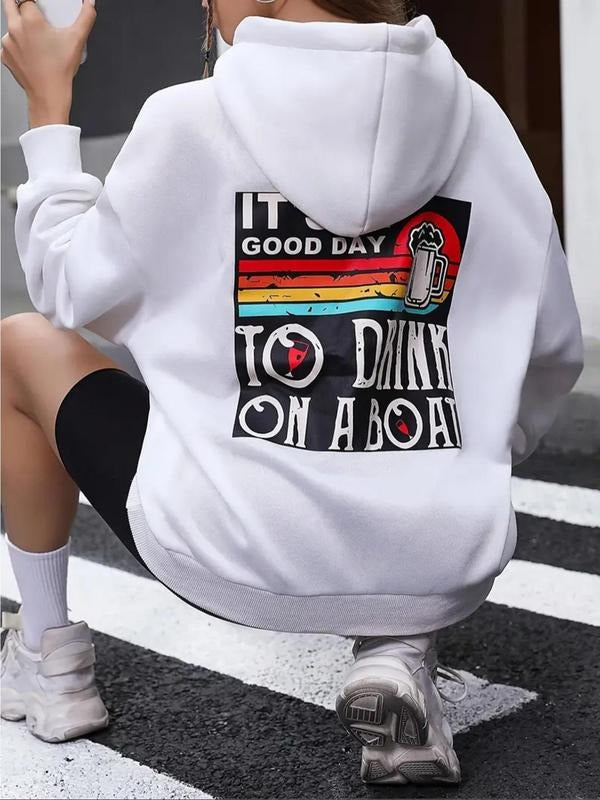 Women's Letter & Beer Print Drop Shoulder Velvet Hoodie, Fashion Casual Drawstring Pocket Hooded Sweatshirt for Daily...