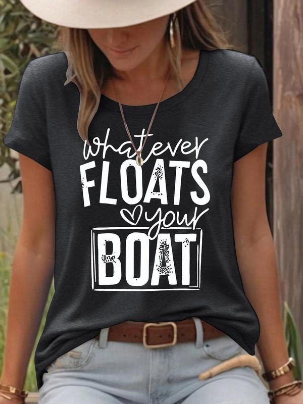 Women's Letter & Boat Print Round Neck Tee, Casual Short Sleeve Crew Neck T-shirt for Summer, Fashion Women's Top for...