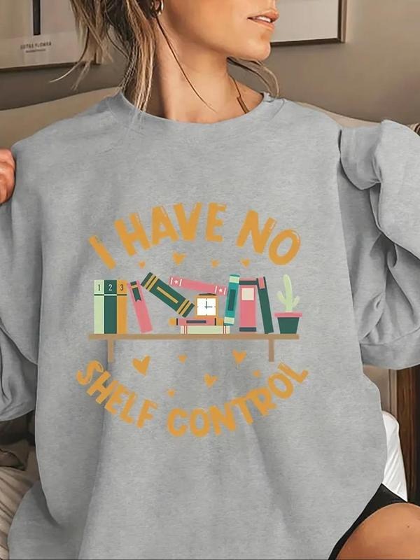 Women's Letter & Book Print Crew Neck Sweatshirt, Casual Long Sleeve Pullover for Fall & Winter, Women's Clothes for...