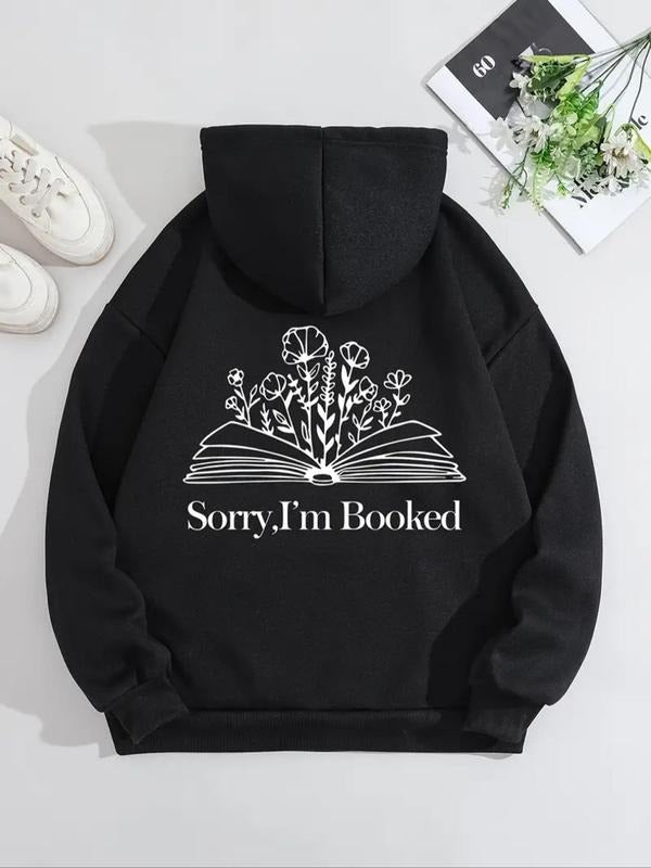 Women's Letter & Book Print Drawstring Hoodie, Casual Long Sleeve Hooded Sweatshirt for Fall & Winter, Women's Clothes...