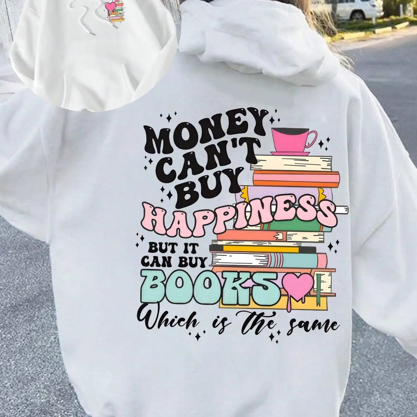 Women's Letter & Book Print Drop Shoulder Hoodie, Fashion Casual Drawstring Pocket Hooded Sweatshirt for Daily Holiday...