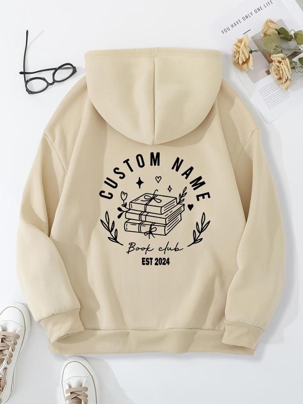 Women's Letter & Book Print Pocket Hoodie, Casual Long Sleeve Hooded Sweatshirt for Fall & Winter, Fashion Ladies' Top...