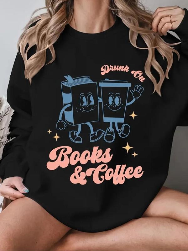 Women's Letter & Book Print Round Neck Sweatshirt, 1 Count Casual Long Sleeve Pullover for Fall & Winter, Women's Clothes...