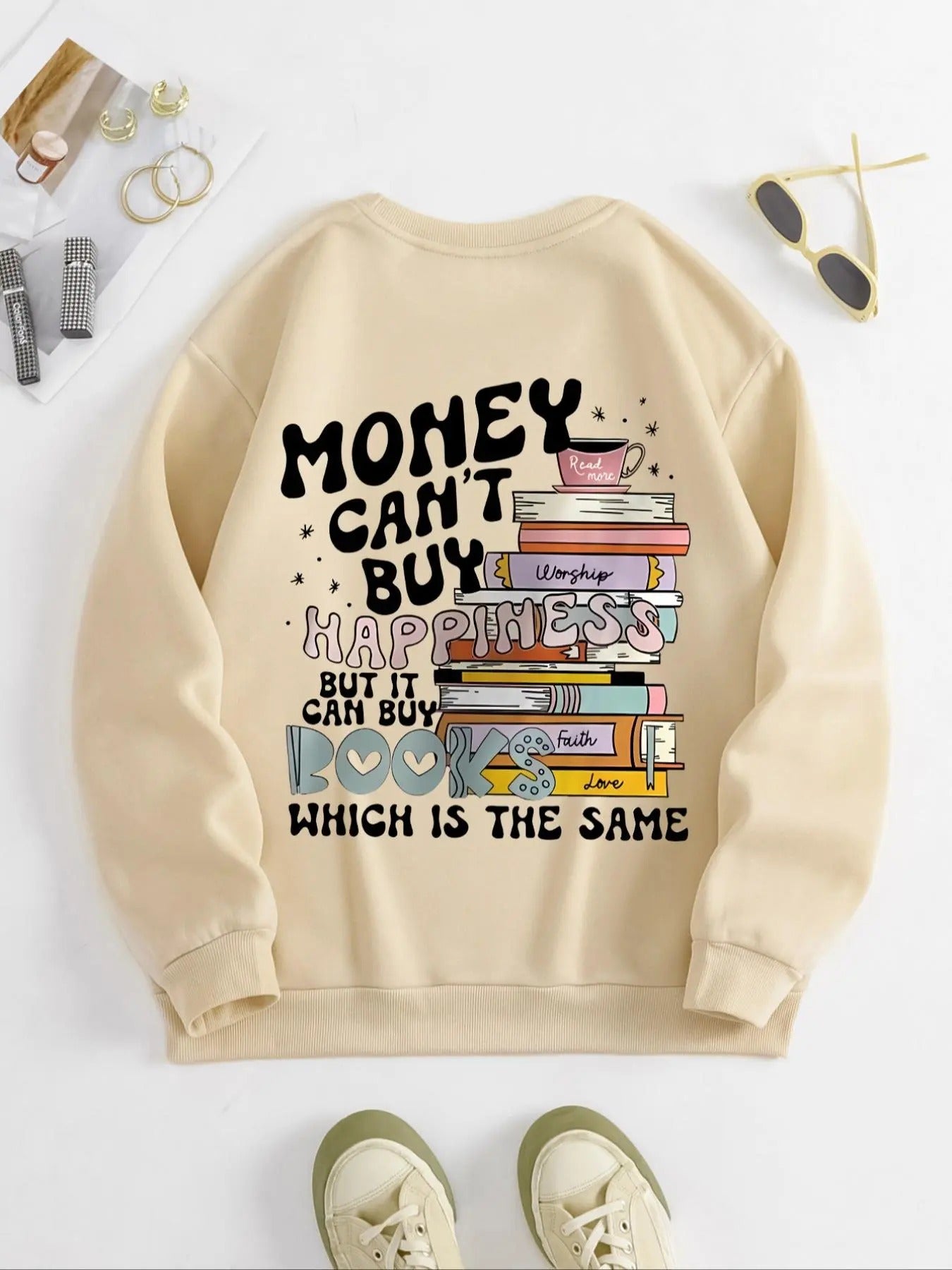 Women's Letter & Book Print Round Neck Sweatshirt, Casual Long Sleeve Crew Neck Pullover for Spring & Fall, Fashion...