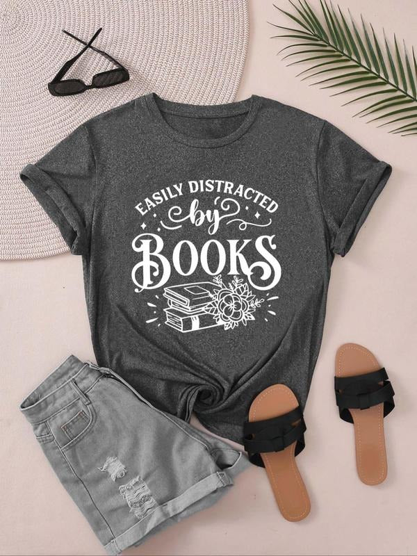 Women's Letter & Book Print Round Neck Tee,  Casual Floral Graphic Short Sleeve T-shirt, Ladies Summer Outfit for Daily...