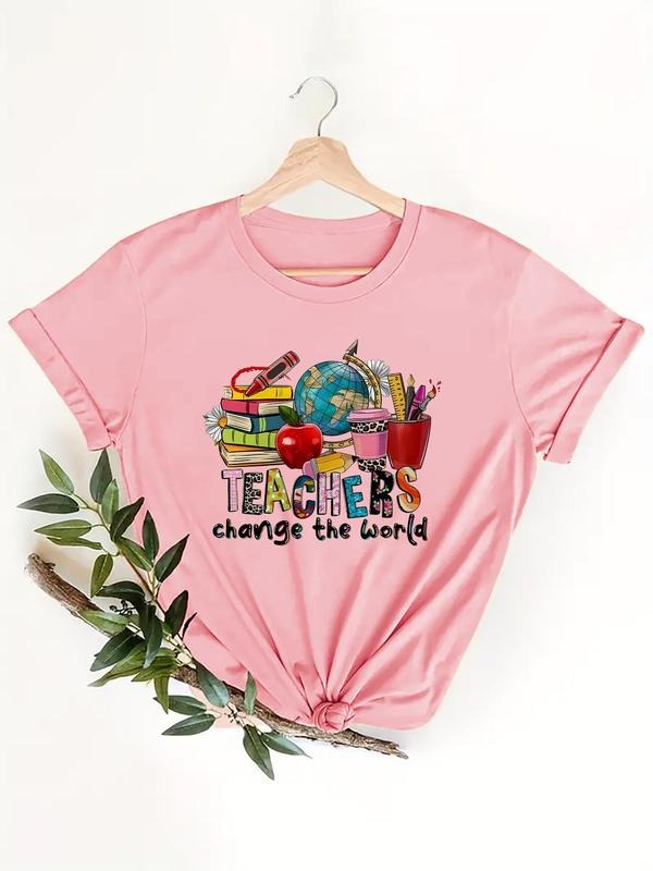 Women's Letter & Book Print Round Neck Tee, Fashion Casual Crew Neck T-Shirt for Daily Holiday Vacation Outdoor Wear,...