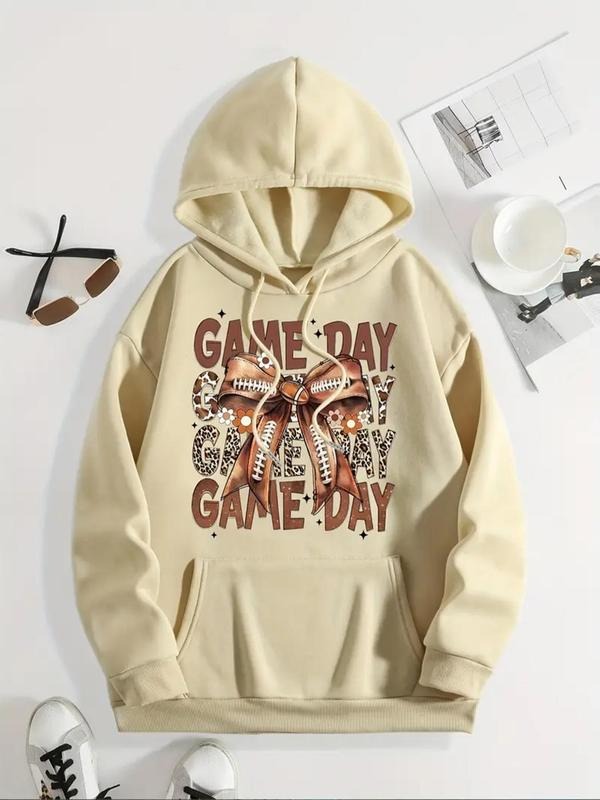 Women's Letter & Bow Print Drawstring Hoodie, Casual Long Sleeve Hooded Sweatshirt for Fall & Winter, Women's Clothes for...