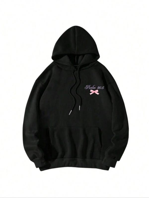 Women's Letter & Bow Print Drop Shoulder Hoodie, Fashion Casual Drawstring Pocket Hooded Sweatshirt for Daily Holiday...
