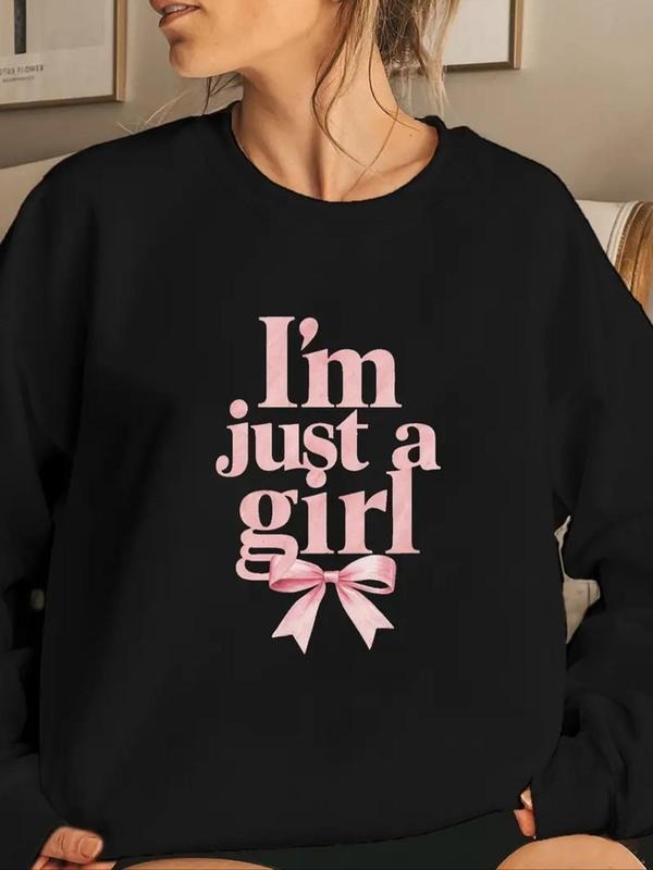 Women's Letter & Bow Print Drop Shoulder Sweatshirt, Casual Long Sleeve Round Neck Pullover for Fall & Winter, Ladies...
