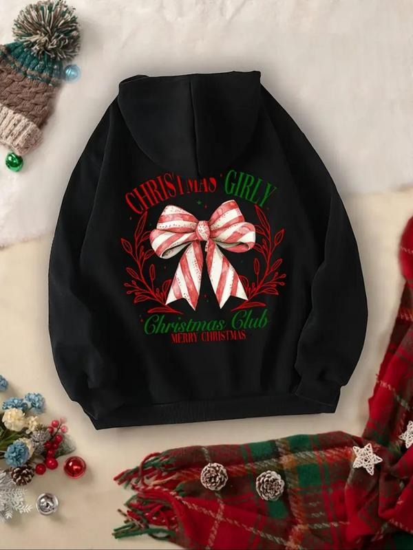 Women's Letter & Bow Print Hoodie, Casual Comfy Long Sleeve Hooded Sweatshirt for Fall & Winter, Women's Clothes for...