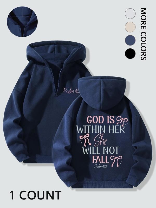 Women's Letter & Bow Print Hoodie, Casual Long Sleeve Hooded Sweatshirt for Spring & Fall, Ladies Clothes for Daily Wear,...