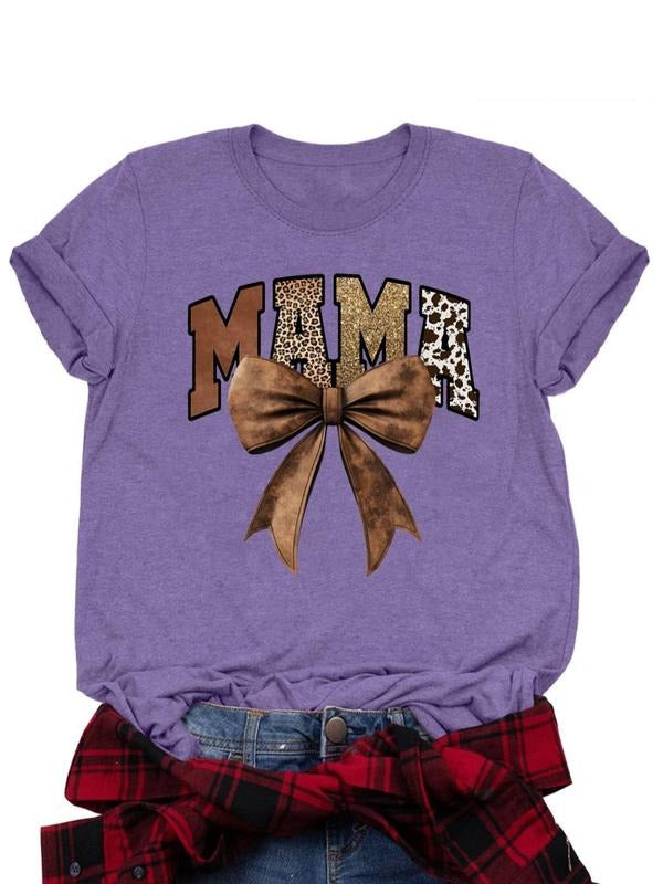 Women's Letter & Bow Print Round Neck Tee, Casual Short Sleeve Crew Neck T-shirt for Daily Wear, Ladies Clothes for All...