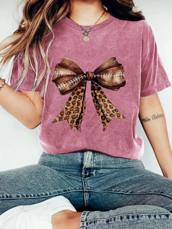 Women's Letter & Bow Print Round Neck Tee, Casual Short Sleeve Crew Neck T-shirt for Summer, Fashion Women's Top for...