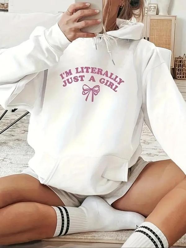 Women's Letter & Bowknot Print Drop Shoulder Hoodie, Fashion Casual Drawstring Pocket Hooded Sweatshirt for Daily Holiday...