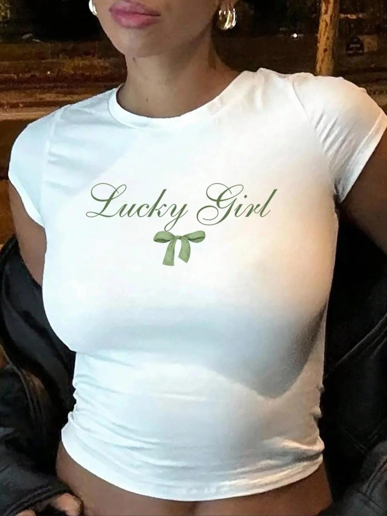 Women's Letter & Bowknot Print Round Neck Crop Tee, Casual Tight-fitting Short Sleeve T-shirt, Ladies Summer Clothes for...