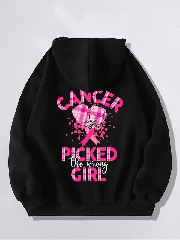 Women's Letter & Boxing Gloves Print Drop Shoulder Hoodie, Fashion Casual Drawstring Pocket Hooded Sweatshirt for Daily...