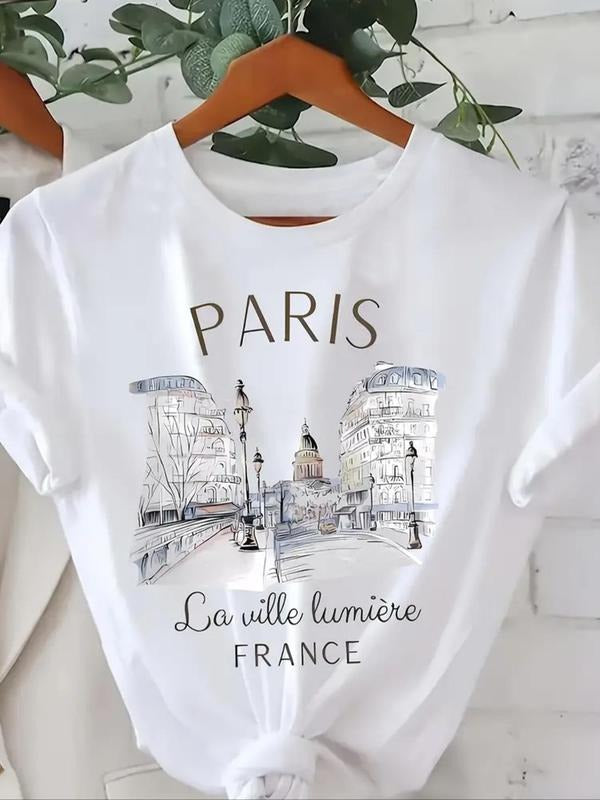 Women's Letter & Building  Print Round Neck Tee, Casual Short Sleeve T-shirt for Summer, Ladies Clothes for Daily Wear...