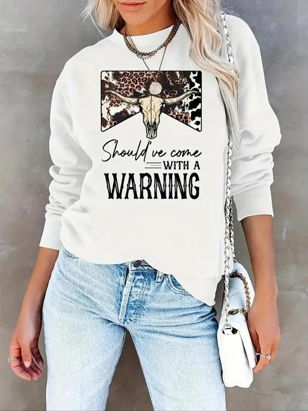 Women's Letter & Bull Head Print Crew Neck Drop Shoulder Sweatshirt, Casual Long Sleeve Pullover for Fall & Winter,...