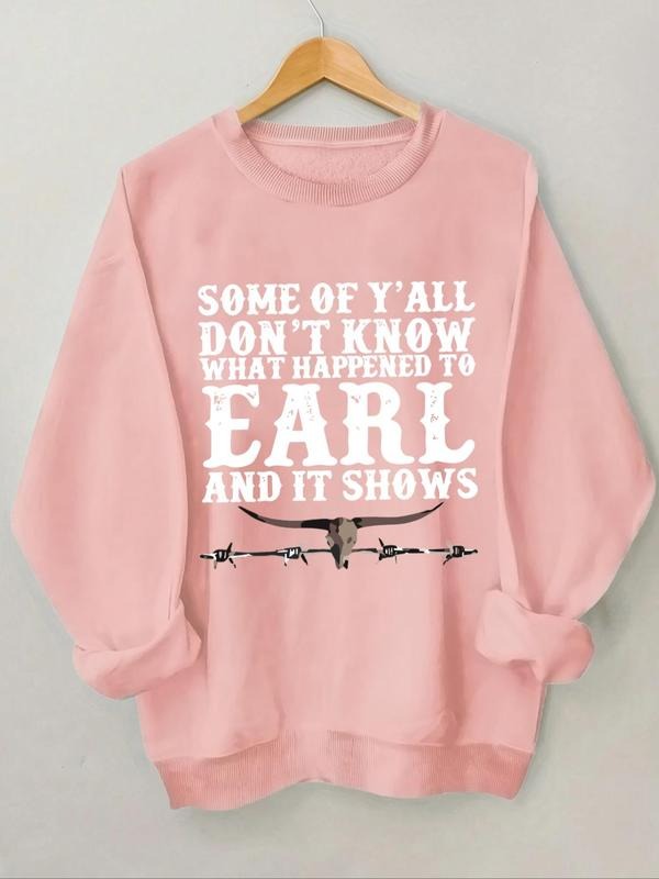 Women's Letter & Bull Head Print Crew Neck Sweatshirt, Casual Long Sleeve Pullover for Daily Wear, Women's Clothing for...