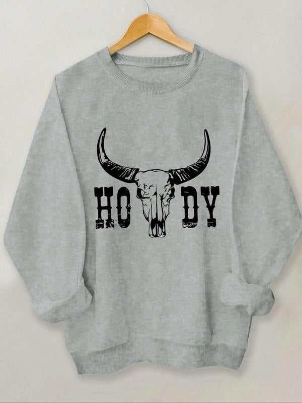 Women's Letter & Bull Head Print Round Neck Sweatshirt, Casual Long Sleeve Crew Neck Pullover for Spring & Fall, Fashion...