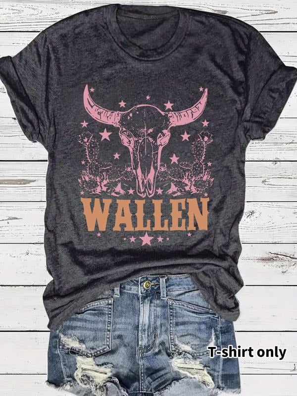 Women's Letter & Bull Head Print Round Neck Tee, Casual Short Sleeve Crew Neck T-shirt for Summer, Fashion Women's Top...