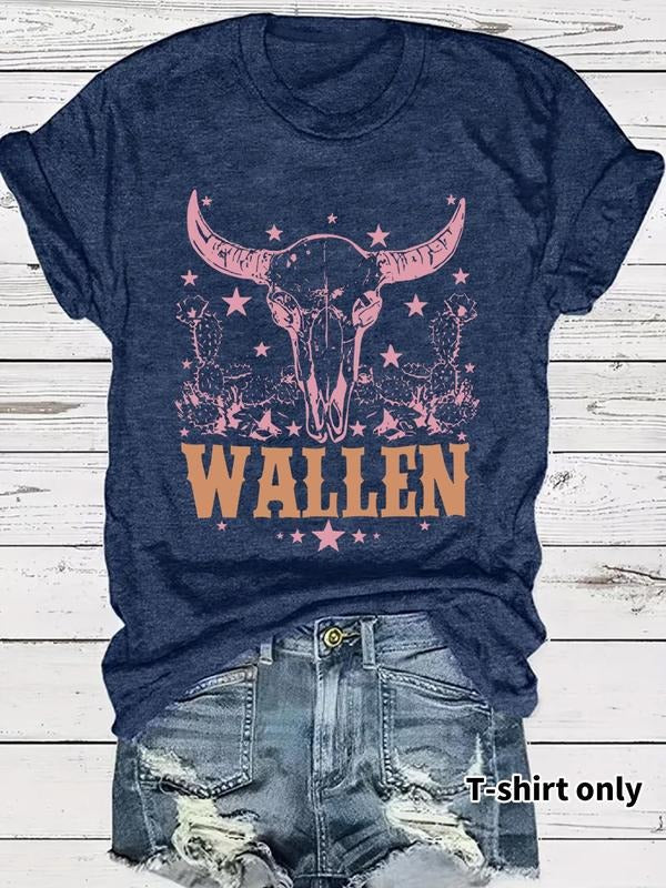 Women's Letter & Bull Head Print Round Neck Tee, Casual Short Sleeve Crew Neck T-shirt for Summer, Fashion Women's Top...