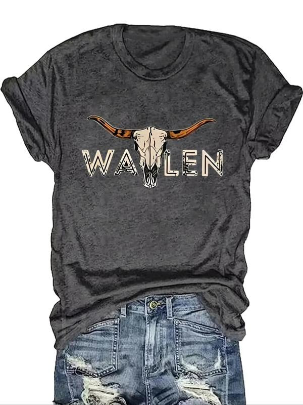 Women's Letter & Bull Head Print Round Neck Tee, Casual Short Sleeve Graphic T-shirt, Ladies Summer Outfit for Daily Wear...