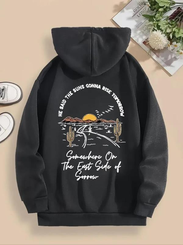 Women's Letter & Cactus Print Drawstring Hoodie, Fashion Casual Long Sleeve Hooded Sweatshirt for Daily Holiday Outdoor...