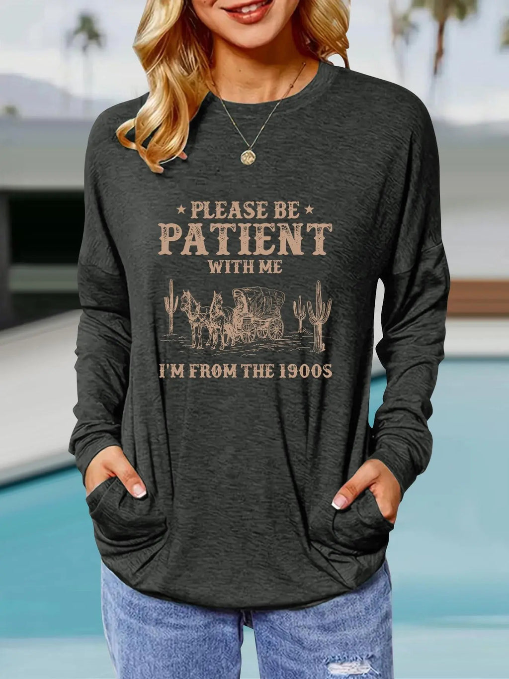 Women's Letter & Carriage Print Round Neck Tee, Vintage Trendy Casual Long Sleeve T-shirt for Daily Wear, Ladies Fall &...