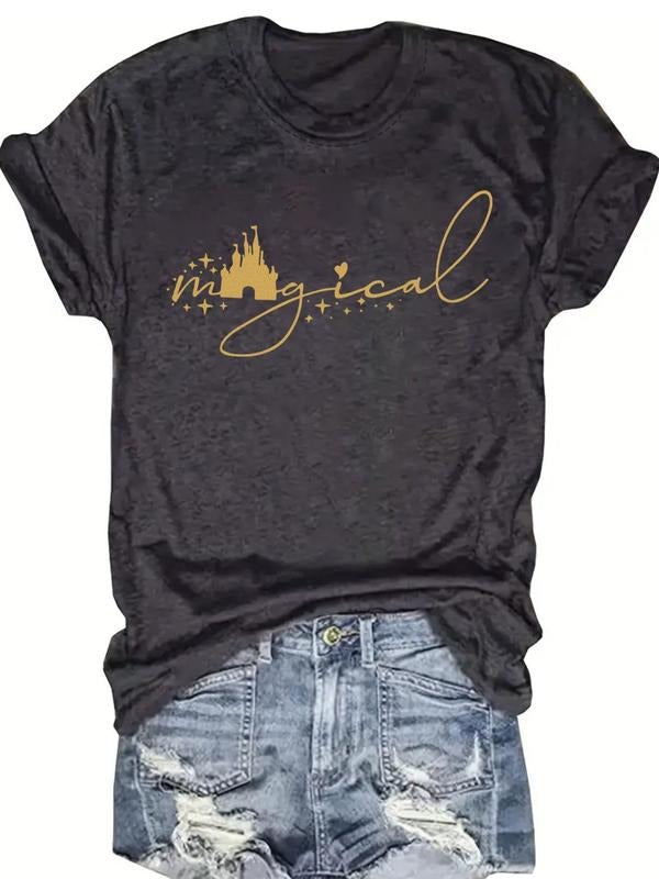 Women's Letter & Castle Print Round Neck Tee, Casual Short Sleeve Crew Neck T-shirt for Daily Wear, Ladies Clothes for...