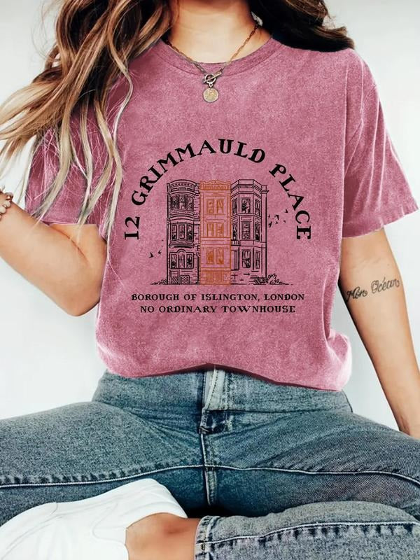 Women's Letter & Castle Print Round Neck Tee, Vintage Trendy Casual Short Sleeve T-shirt for Daily Wear, Ladies Summer...