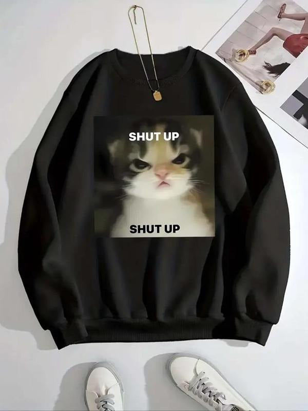 Women's Letter & Cat Print Crew Neck Sweatshirt, Casual Long Sleeve Pullover for Daily Wear, Ladies Clothes for All...