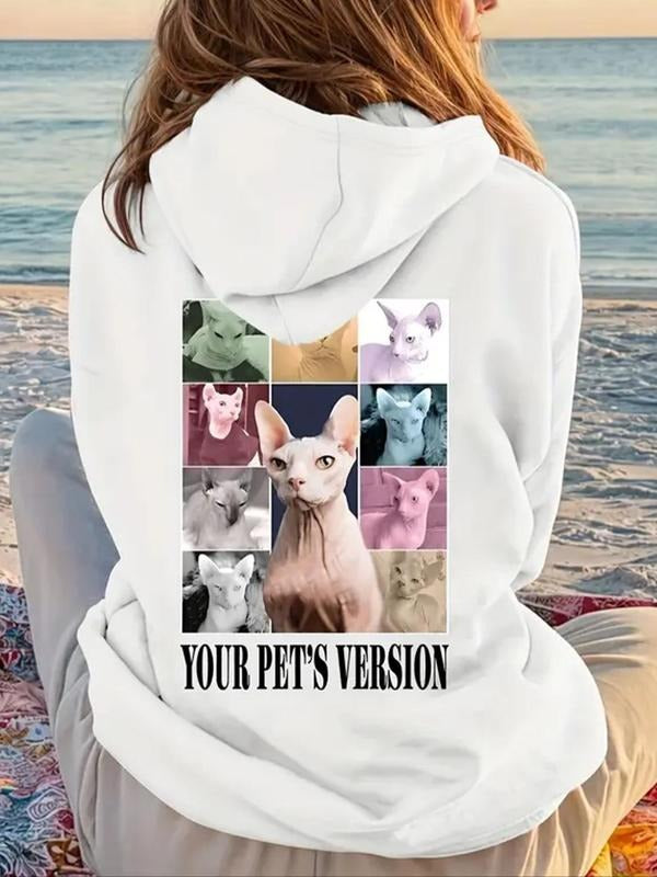 Women's Letter & Cat Print Drawstring Pocket Hoodie, 2024 New Style Casual Long Sleeve Hooded Sweatshirt for Fall &...