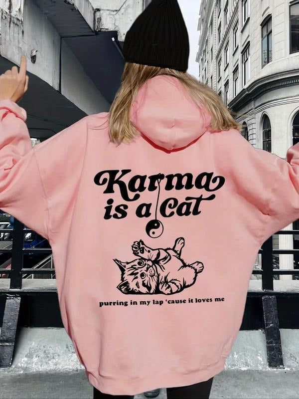 Women's Letter & Cat Print Drop Shoulder Hoodie, Fashion Casual Drawstring Pocket Hooded Sweatshirt for Daily Holiday...