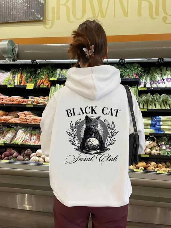 Women's Letter & Cat Print Hoodie, Fashion Casual Hooded Sweatshirt for Daily Holiday Outdoor Wear, Ladies Clothes for...
