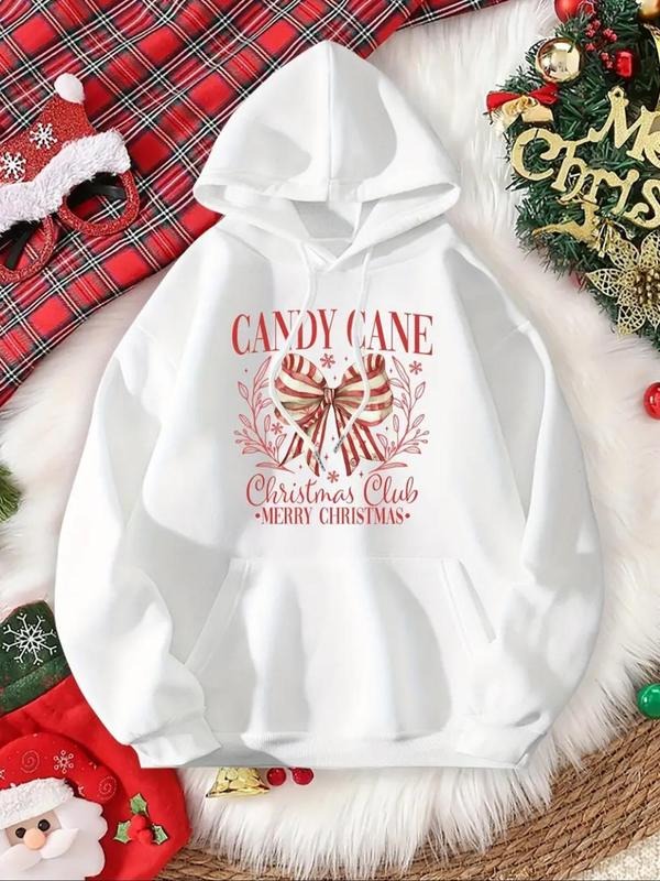 Women's Letter & Christmas Bow Print Hoodie, Casual Long Sleeve Drawstring Pocket Hooded Sweatshirt for Daily Outdoor...