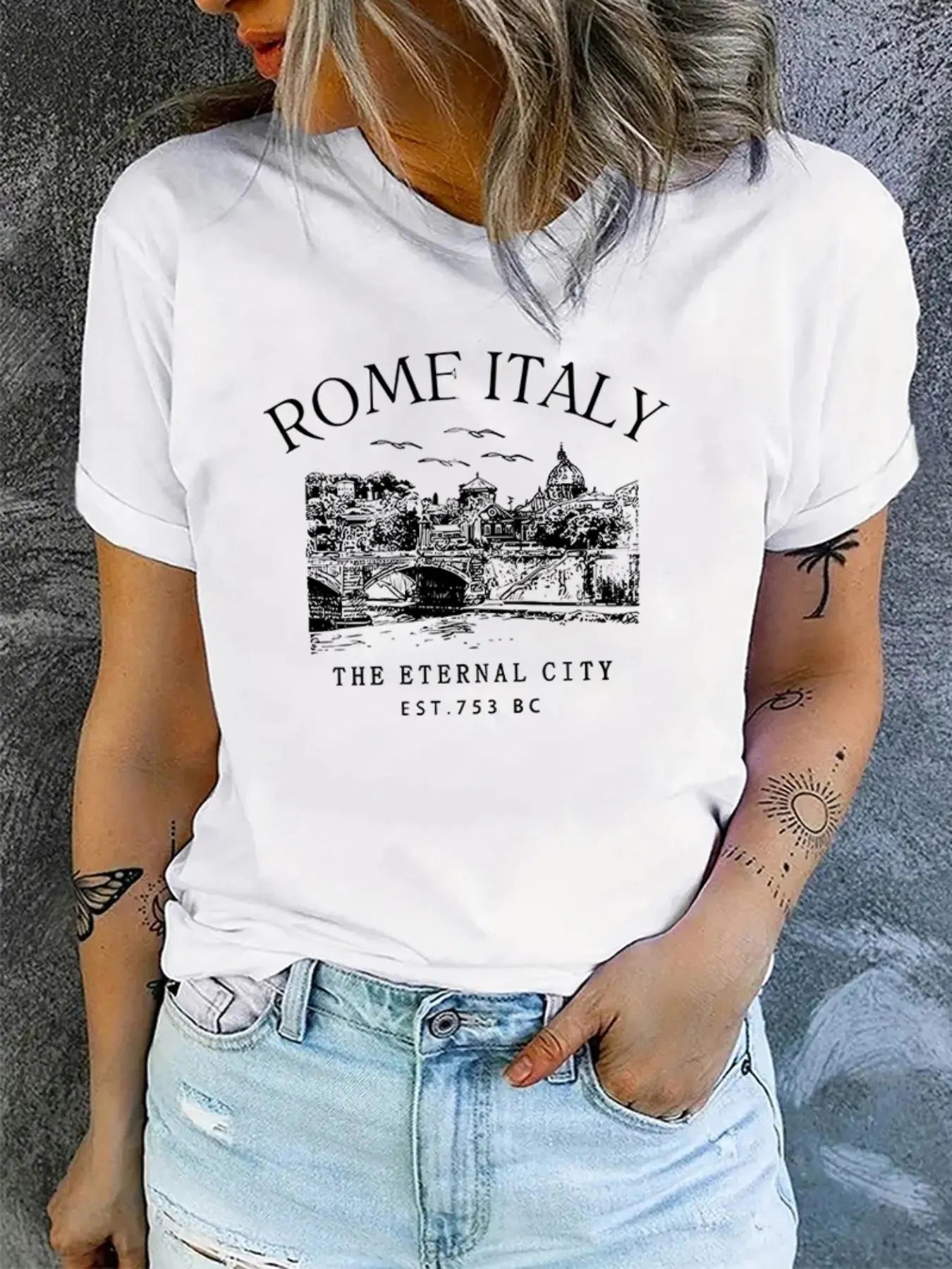 Women's Letter & City Print Round Neck Graphic Tee, Vintage Trendy Casual Short Sleeve T-shirt for Daily Wear, Ladies...
