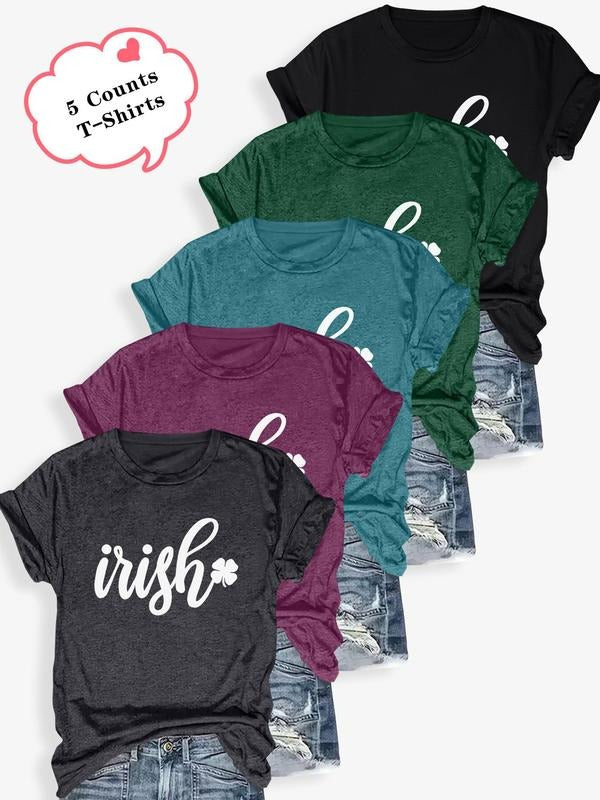 Women's Letter & Clover Print Round Neck Tee, Casual Short Sleeve Crew Neck T-shirt for Summer, Fashion Women's Top for...