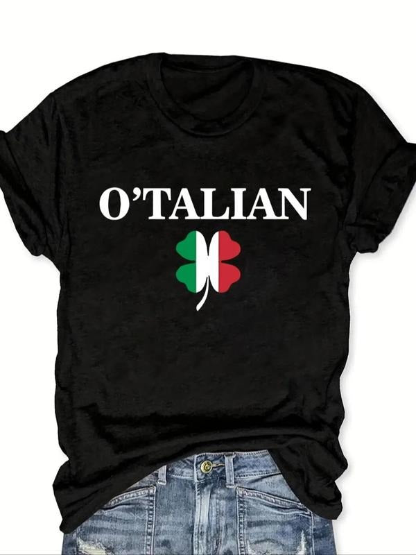 Women's Letter & Clover Print Round Neck Tee, Casual Short Sleeve T-shirt for Summer, Ladies Clothes for Daily Wear...