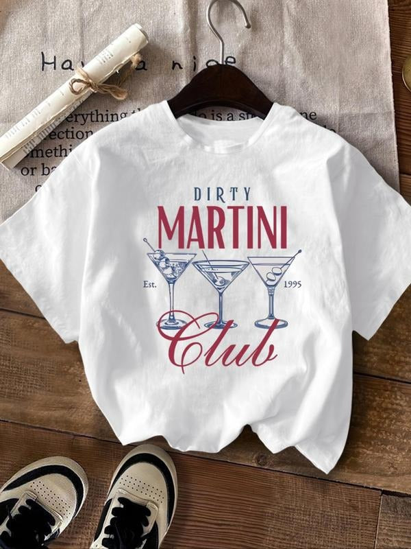 Women's Letter & Cocktail Graphic Round Neck Tee, Casual Short Sleeve Crew Neck T-shirt for Summer, Fashion Women's Top...