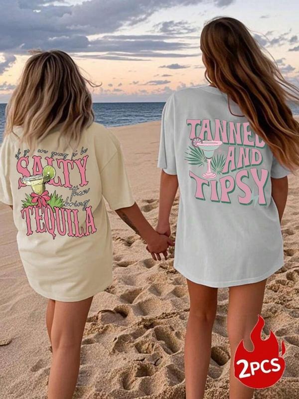 Women's Letter & Cocktail Print Round Neck Tee, Casual Trendy T-shirt for Daily Wear, Ladies Summer Outfit, Top Hoodie,...