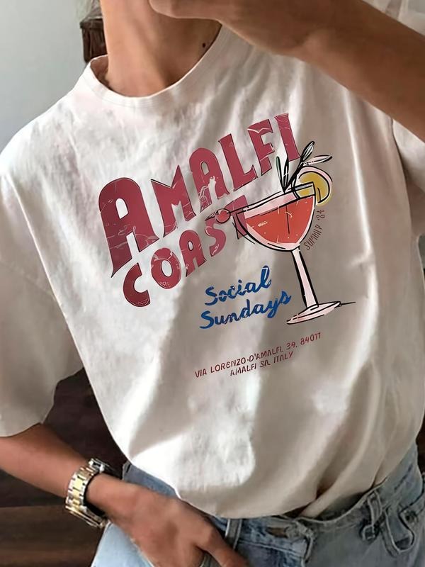 Women's Letter & Cocktail Print Round Neck Tee, Vintage Trendy Casual Short Sleeve T-shirt for Daily Wear, Ladies Summer...